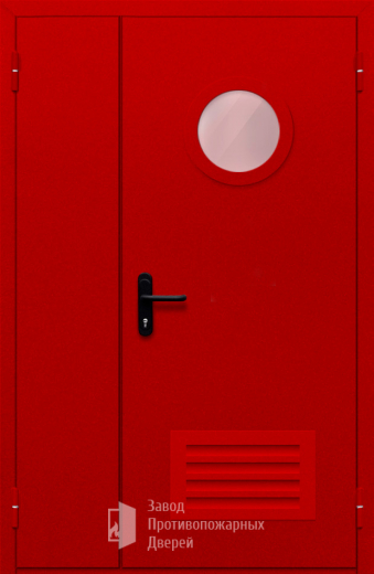 Фото двери «Полуторная с круглым стеклом и решеткой (красная)» в Видному